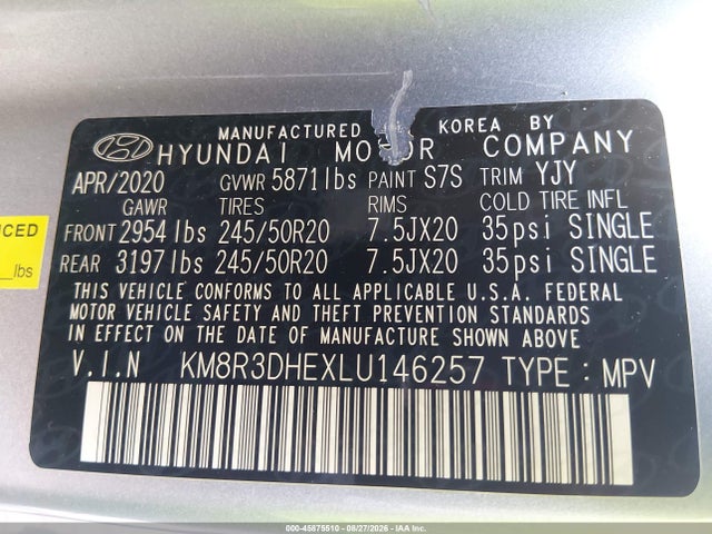 45875510 :رقم المزاد ، KM8R3DHEXLU146257 vin ، 2020 Hyundai Palisade Sel مزاد بيع