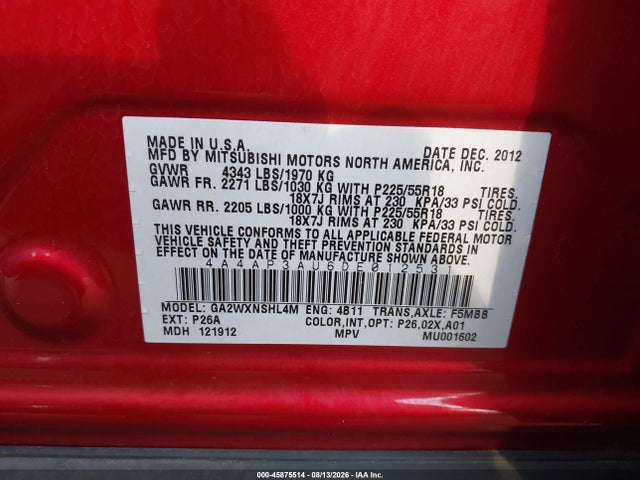 Auction sale of the 2013 Mitsubishi Outlander Sport Es, vin: 4A4AP3AU6DE012531, lot number: 45875514
