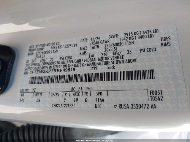 2024 Ford F-150 Stx მანქანა იყიდება აუქციონზე, vin: 1FTEW2KP7RKF49819, აუქციონის ნომერი: 45875515