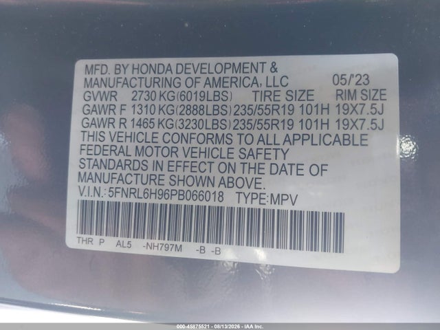 Aukcja sprzedaży 2023 Honda Odyssey Elite, vin: 5FNRL6H96PB066018, numer aukcji: 45875521