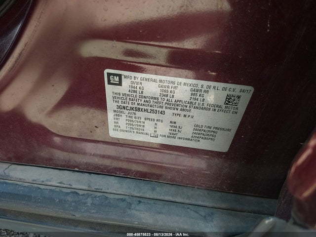 2017 Chevrolet Trax Ls მანქანა იყიდება აუქციონზე, vin: 3GNCJKSBXHL253143, აუქციონის ნომერი: 45875523