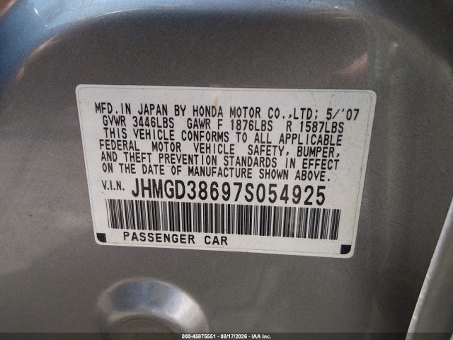 45875551 :رقم المزاد ، JHMGD38697S054925 vin ، 2007 Honda Fit Sport مزاد بيع