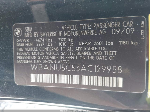 45875557 :رقم المزاد ، WBANU5C53AC129958 vin ، 2010 Bmw 528i مزاد بيع