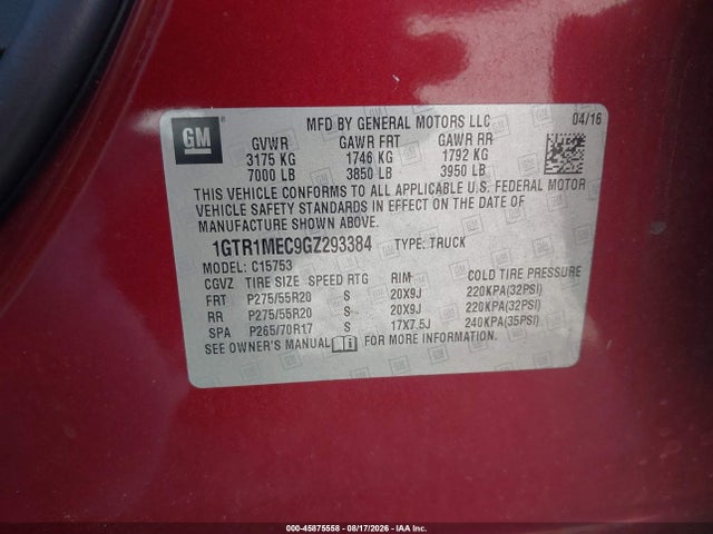 Auction sale of the 2016 Gmc Sierra 1500 Sle, vin: 1GTR1MEC9GZ293384, lot number: 45875558