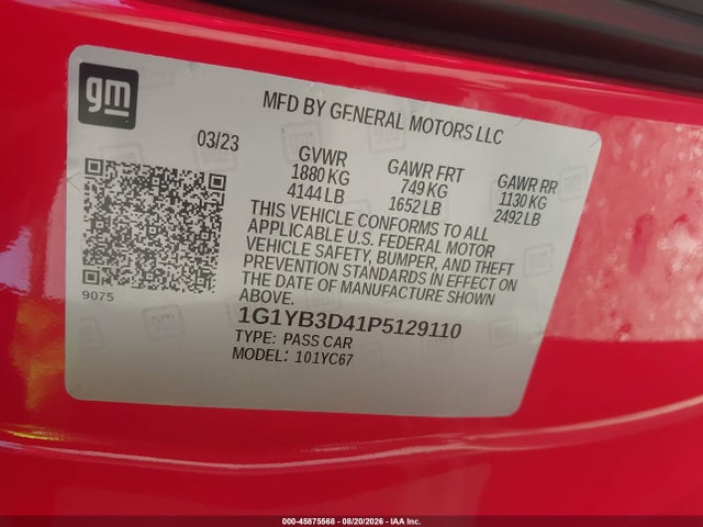 1G1YB3D41P5129110 Chevrolet Corvette Stingray Rwd 2lt