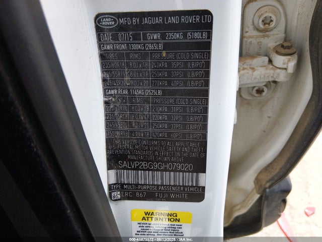 Aukcja sprzedaży 2016 Land Rover Range Rover Evoque Se/se Premium, vin: SALVP2BG9GH079020, numer aukcji: 45875572