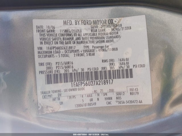 Продаж на аукціоні авто 2007 Ford Taurus Sel, vin: 1FAFP56U27A218917, номер лоту: 45875584