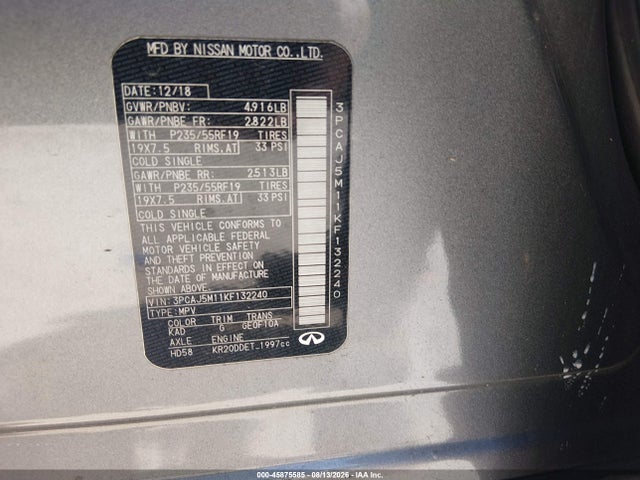45875585 :رقم المزاد ، 3PCAJ5M11KF132240 vin ، 2019 Infiniti Qx50 Luxe مزاد بيع