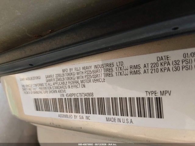 Aukcja sprzedaży 2009 Subaru Outback 2.5i, vin: 4S4BP61C797340908, numer aukcji: 45875592