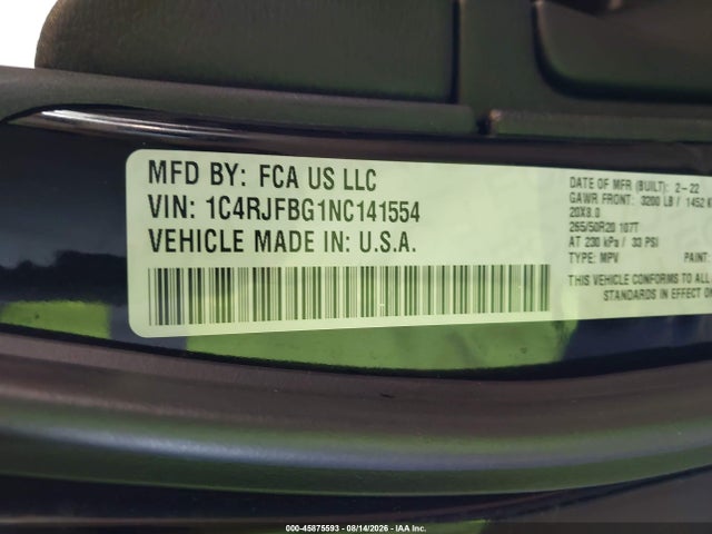 Продаж на аукціоні авто 2022 Jeep Grand Cherokee Wk Limited 4x4, vin: 1C4RJFBG1NC141554, номер лоту: 45875593