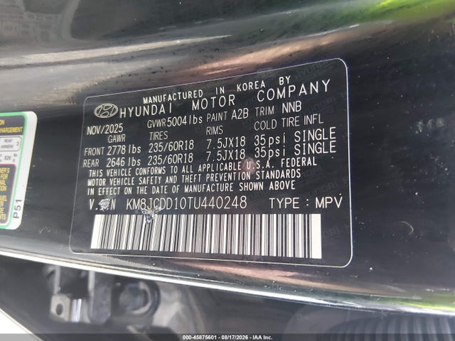 Продажа на аукционе авто 2026 Hyundai Tucson Hybrid Sel Convenience, vin: KM8JCDD10TU440248, номер лота: 45875601