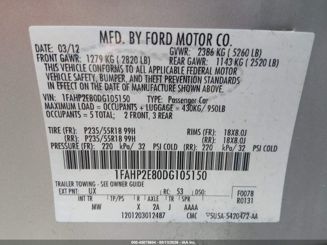 2013 Ford Taurus Sel მანქანა იყიდება აუქციონზე, vin: 1FAHP2E80DG105150, აუქციონის ნომერი: 45875604