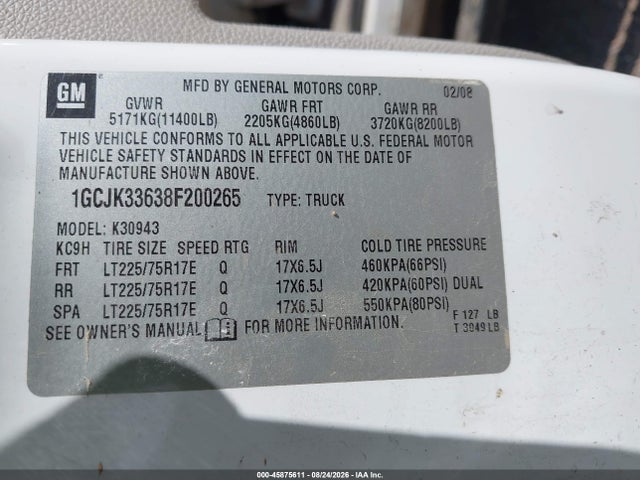 45875611 :رقم المزاد ، 1GCJK33638F200265 vin ، 2008 Chevrolet Silverado 3500hd Lt2 مزاد بيع