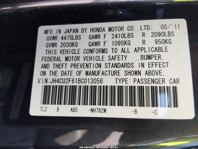 2011 Acura Tsx 2.4 მანქანა იყიდება აუქციონზე, vin: JH4CU2F61BC013056, აუქციონის ნომერი: 45875622
