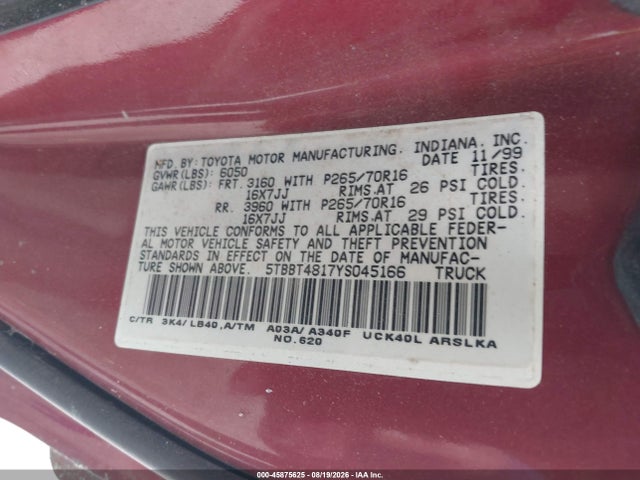 Продажа на аукционе авто 2000 Toyota Tundra Ltd V8, vin: 5TBBT4817YS045166, номер лота: 45875625