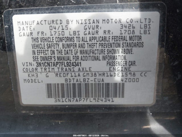 3N1CN7AP7FL924341 Nissan Versa 1.6 Sv
