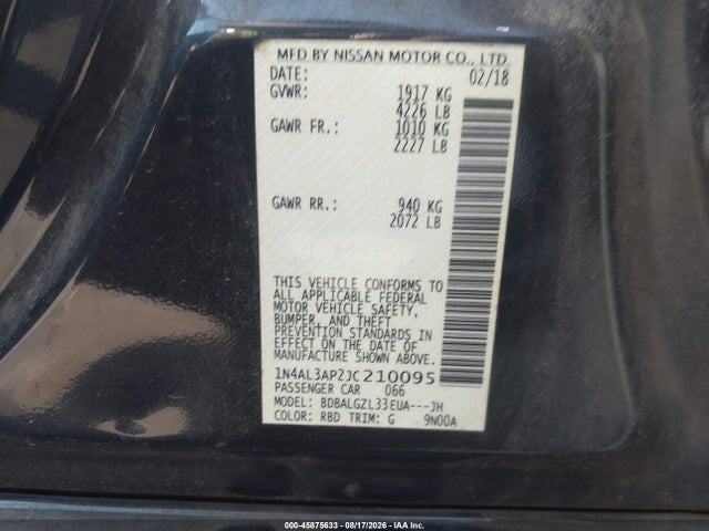 Продажа на аукционе авто 2018 Nissan Altima 2.5 S, vin: 1N4AL3AP2JC210095, номер лота: 45875633
