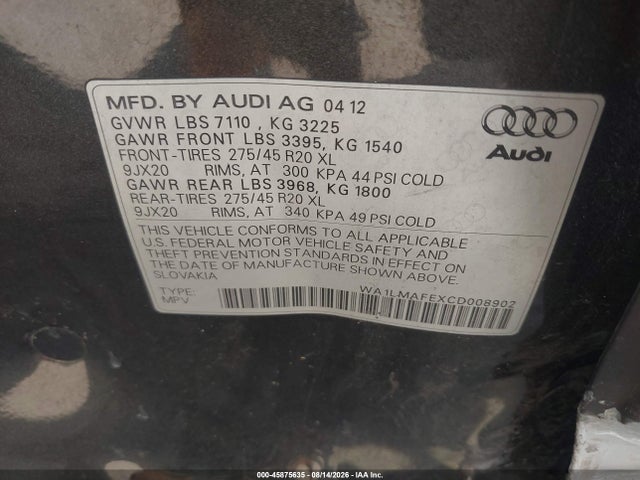 Aukcja sprzedaży 2012 Audi Q7 3.0 Tdi Premium, vin: WA1LMAFEXCD008902, numer aukcji: 45875635
