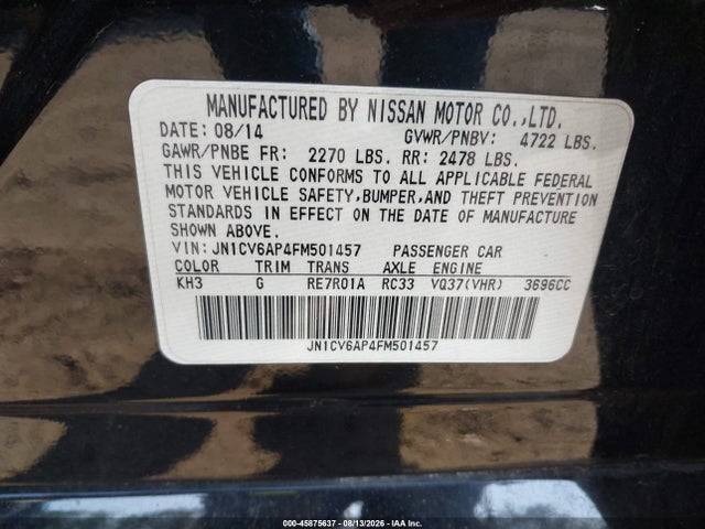 45875637 :رقم المزاد ، JN1CV6AP4FM501457 vin ، 2015 Infiniti Q40 مزاد بيع