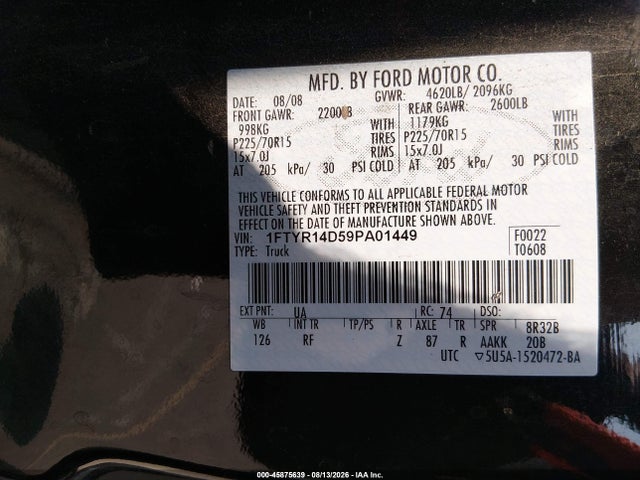 2009 Ford Ranger Xl/xlt მანქანა იყიდება აუქციონზე, vin: 1FTYR14D59PA01449, აუქციონის ნომერი: 45875639
