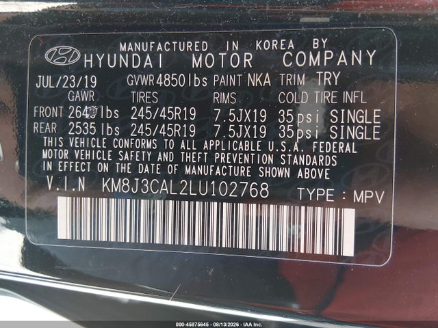 Aukcja sprzedaży 2020 Hyundai Tucson Sport, vin: KM8J3CAL2LU102768, numer aukcji: 45875645