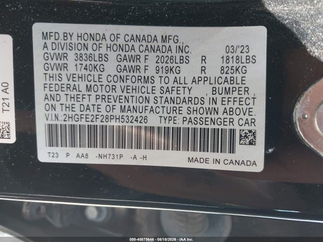 2023 Honda Civic Lx მანქანა იყიდება აუქციონზე, vin: 2HGFE2F28PH532426, აუქციონის ნომერი: 45875646