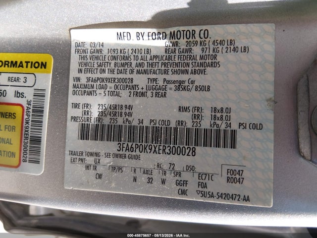 Aukcja sprzedaży 2014 Ford Fusion Titanium, vin: 3FA6P0K9XER300028, numer aukcji: 45875657