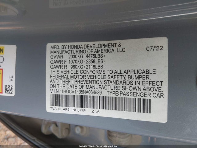 Продаж на аукціоні авто 2022 Honda Accord Sport, vin: 1HGCV1F35NA064639, номер лоту: 45875662