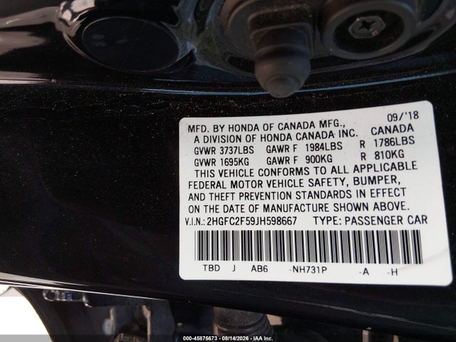 Продаж на аукціоні авто 2018 Honda Civic Lx, vin: 2HGFC2F59JH598667, номер лоту: 45875673