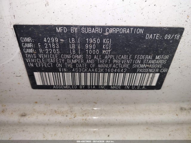 Продаж на аукціоні авто 2019 Subaru Impreza 2.0i, vin: 4S3GKAA63K1604642, номер лоту: 45875685