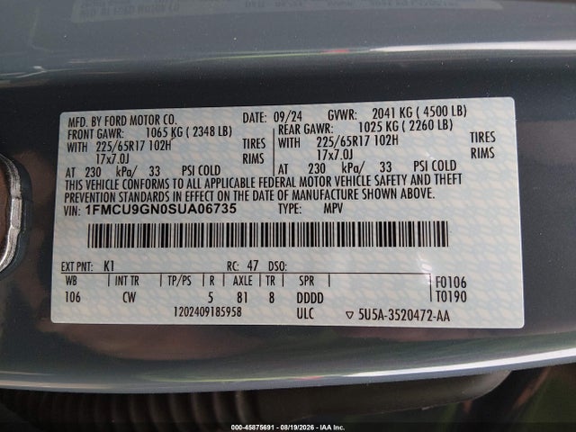 2025 Ford Escape Active მანქანა იყიდება აუქციონზე, vin: 1FMCU9GN0SUA06735, აუქციონის ნომერი: 45875691