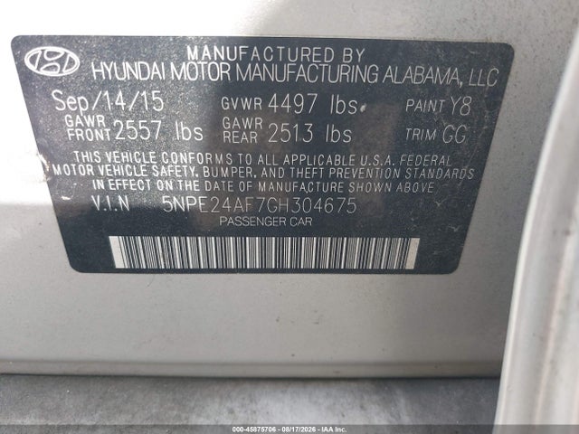45875706 :رقم المزاد ، 5NPE24AF7GH304675 vin ، 2016 Hyundai Sonata Se مزاد بيع