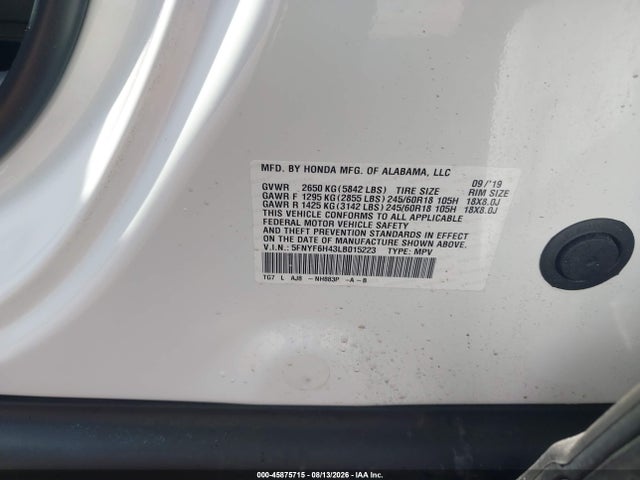 Aukcja sprzedaży 2020 Honda Pilot Awd Ex-l W/navi, vin: 5FNYF6H43LB015223, numer aukcji: 45875715