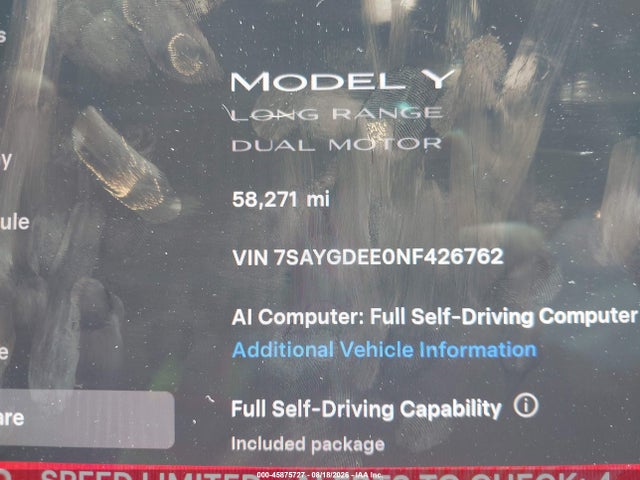 2022 Tesla Model Y Long Range Dual Motor All-wheel Drive მანქანა იყიდება აუქციონზე, vin: 7SAYGDEE0NF426762, აუქციონის ნომერი: 45875727