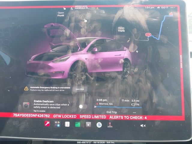 2022 Tesla Model Y Long Range Dual Motor All-wheel Drive მანქანა იყიდება აუქციონზე, vin: 7SAYGDEE0NF426762, აუქციონის ნომერი: 45875727