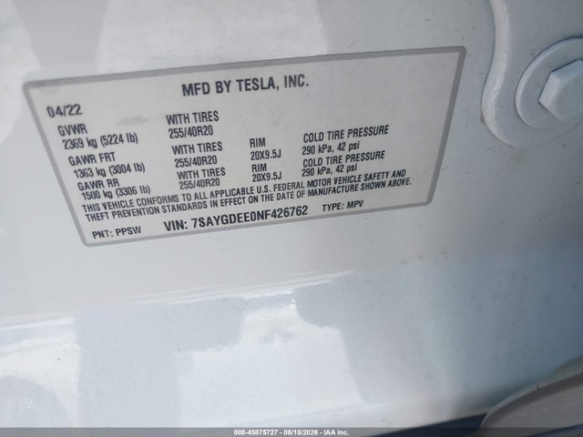 2022 Tesla Model Y Long Range Dual Motor All-wheel Drive მანქანა იყიდება აუქციონზე, vin: 7SAYGDEE0NF426762, აუქციონის ნომერი: 45875727