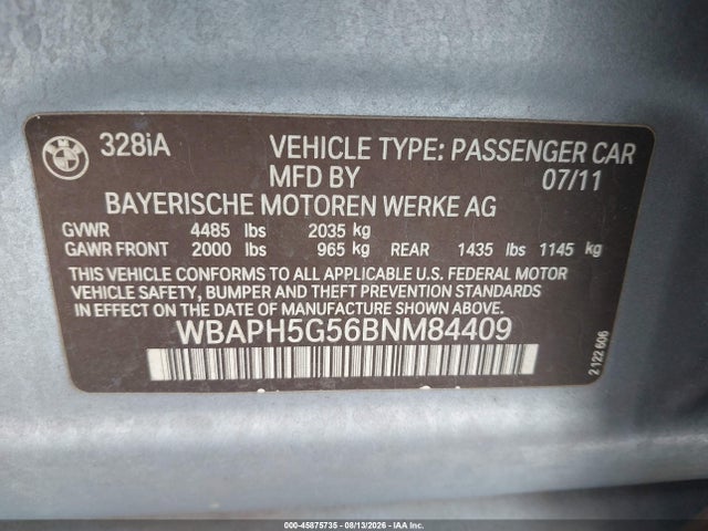 Aukcja sprzedaży 2011 Bmw 328i, vin: WBAPH5G56BNM84409, numer aukcji: 45875735