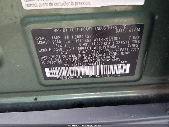 45875741 :رقم المزاد ، 4S4BRCCC7A3355667 vin ، 2010 Subaru Outback 2.5i Premium مزاد بيع