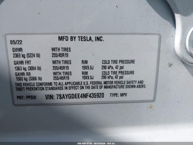 45875750 :رقم المزاد ، 7SAYGDEE4NF435920 vin ، 2022 Tesla Model Y Long Range Dual Motor All-wheel Drive مزاد بيع