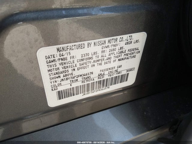 Продаж на аукціоні авто 2015 Infiniti Q50 Premium/sport, vin: JN1BV7AP2FM344576, номер лоту: 45875759