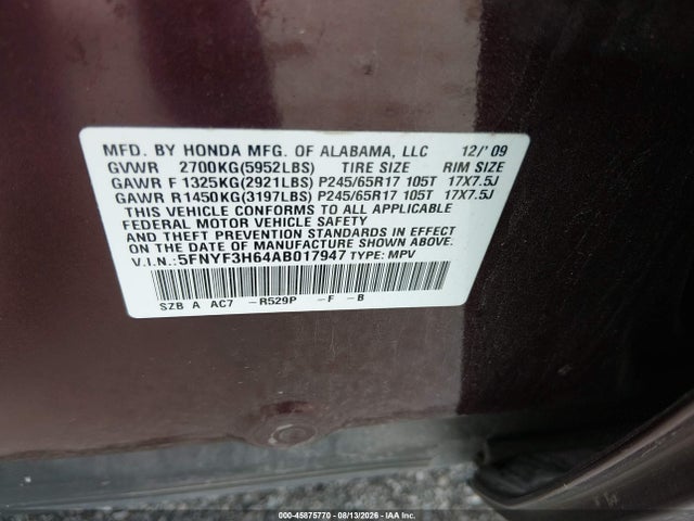 2010 Honda Pilot Ex-l მანქანა იყიდება აუქციონზე, vin: 5FNYF3H64AB017947, აუქციონის ნომერი: 45875770