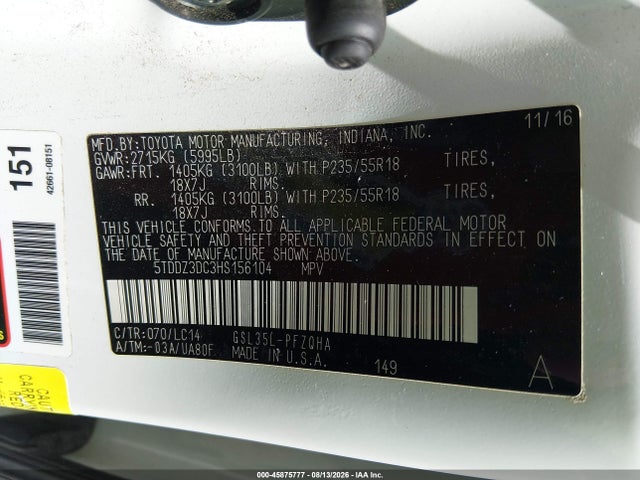 45875777 :رقم المزاد ، 5TDDZ3DC3HS156104 vin ، 2017 Toyota Sienna Xle 7 Passenger مزاد بيع