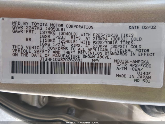 Aukcja sprzedaży 2002 Lexus Rx 300, vin: JTJHF10U320262881, numer aukcji: 45875778