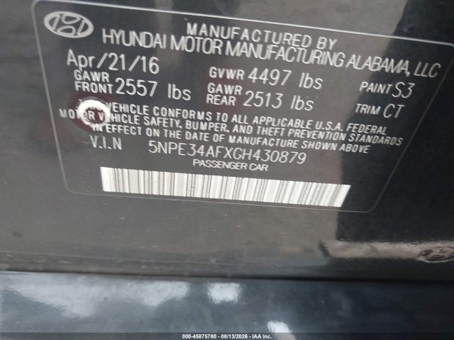 2016 Hyundai Sonata Sport მანქანა იყიდება აუქციონზე, vin: 5NPE34AFXGH430879, აუქციონის ნომერი: 45875780