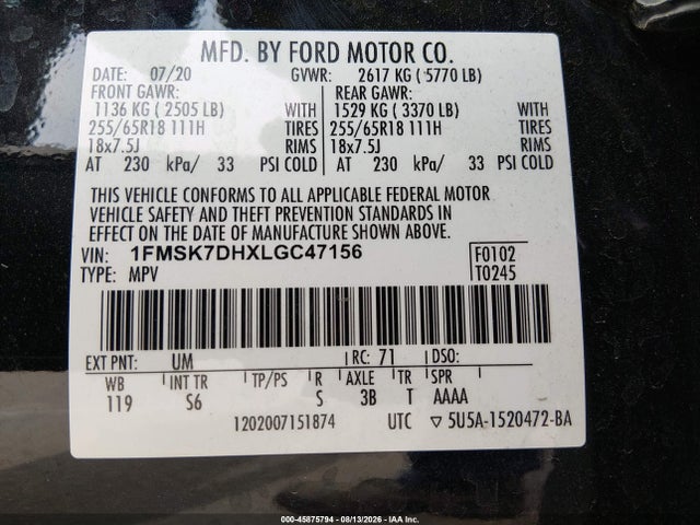 1FMSK7DHXLGC47156 Ford EXPLORER XLT