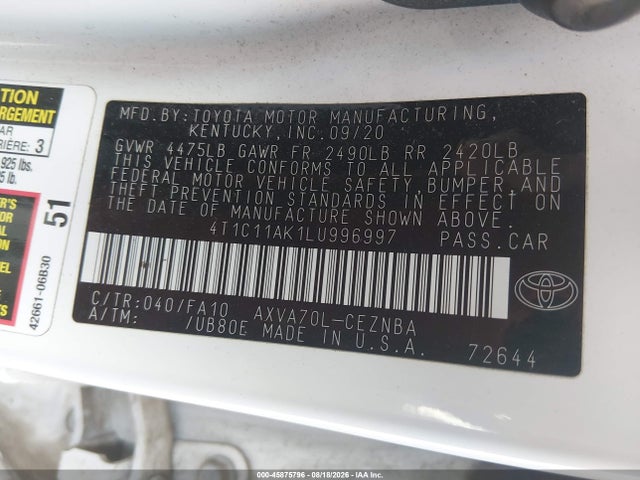 Aukcja sprzedaży 2020 Toyota Camry Le, vin: 4T1C11AK1LU996997, numer aukcji: 45875796