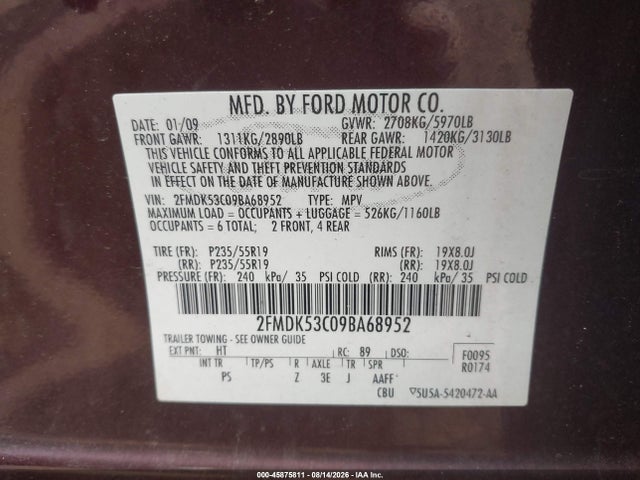 45875811 :رقم المزاد ، 2FMDK53C09BA68952 vin ، 2009 Ford Flex Limited مزاد بيع