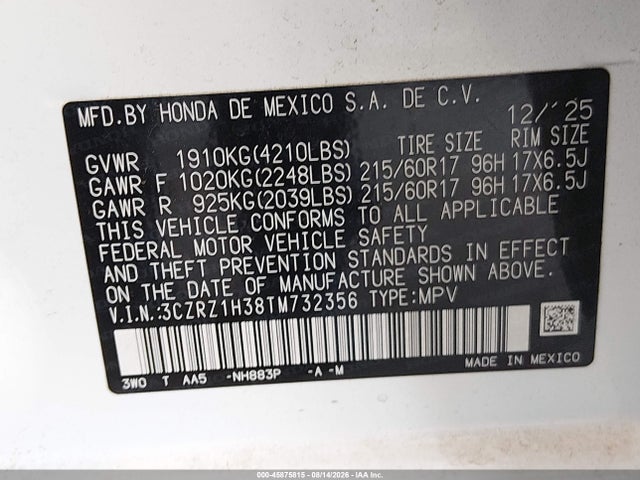 3CZRZ1H38TM732356 Honda Hr-v 2wd Lx