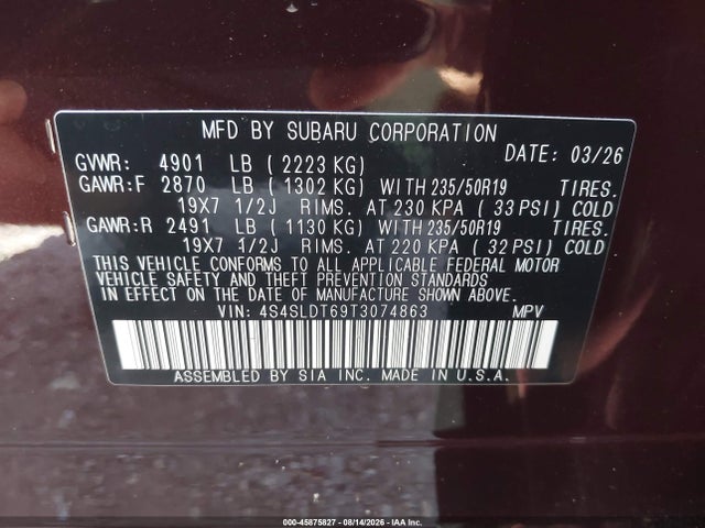 45875827 :رقم المزاد ، 4S4SLDT69T3074863 vin ، 2026 Subaru Forester Touring مزاد بيع