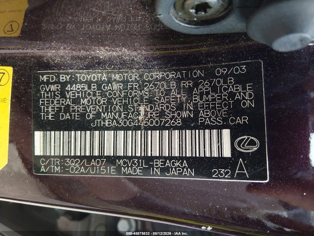 Продаж на аукціоні авто 2004 Lexus Es 330, vin: JTHBA30G445007268, номер лоту: 45875832